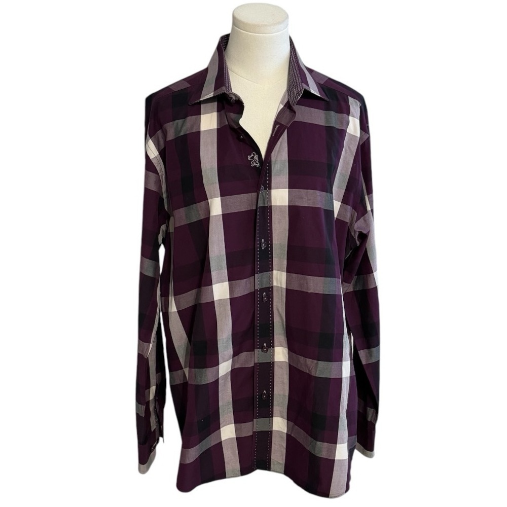 BUGATCHI Shaped Fit Casual Plaid Shirt Men’s Size Large L Purple Dress Work